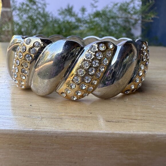 VTG Bangle Bracelet Rhinestone Hinge Gold Silver Tone Statement Classy Size 6 - Picture 2 of 10